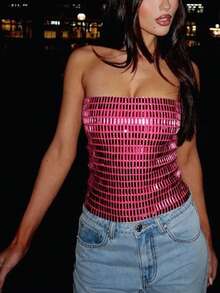 Womens Embellished Strapless Sparkle Top, Elegant Bandeau Party Blouse, Shiny Evening Wear For Birthdays, Special Occasions And Celebrations - 玫紅色 - 查看 1