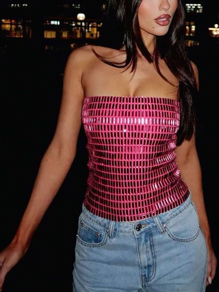 Womens Embellished Strapless Sparkle Top, Elegant Bandeau Party Blouse, Shiny Evening Wear For Birthdays, Special Occasions And Celebrations - 玫紅色 - 查看 1