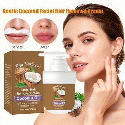 100g Large Capacity Coconut Oil Facial & Body Hair Removal Cream, Gentle Painless Formula, Smoothing Skin Depilatory For Lips, Underarms, Legs, Arms, Bikini Line, Summer Must-Have, 5 Minutes Strong Hair Removal, Lasting Effect