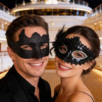 Maskeli Balo Çift Maske Seti, Şık ve Kaliteli Venedik Yarım Yüz Maske Seti, Cadılar Bayramı, Karnaval, Maskeli Balo, Kostüm Oyunu, Parti Dekorasyonu İçin Uygun ABS Plastik Maske