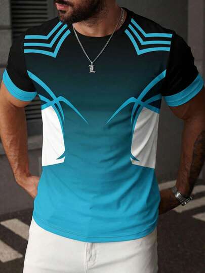 Camiseta de manga corta de cuello redondo con estampado de líneas degradadas, casual y deportiva para hombre