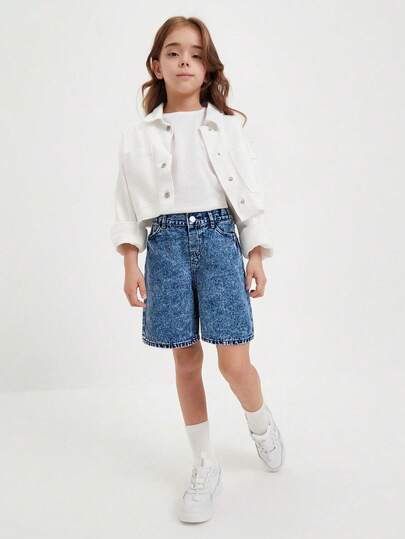 Young Girl's Casual & Cute Wide Leg Medium Wash Denim Shorts, Fashion Classic Versatile Loose Fit With Elastic Waistband