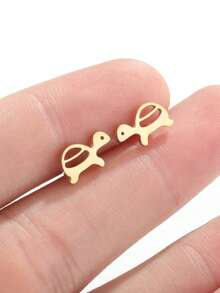 一对迷你不锈钢海龟耳环，女士可爱动物饰品，简约龟形耳钉，可爱/简约风格配饰，适合日常佩戴 - GED633 - 查看 9
