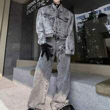 Men Denim Co ords Spring American Streetwear Vintage Patch Pocket Decorated Jacket Pants Set High End Distressed Retro Style - Gris - Ver 1