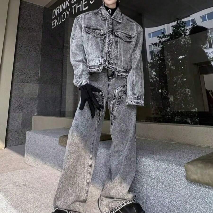 Men Denim Co ords Spring American Streetwear Vintage Patch Pocket Decorated Jacket Pants Set High End Distressed Retro Style - Gris - Ver 1