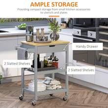 Kitchen Trolley With Rubberwood Worktop - Utility Cart On Wheels, Towel Rack, Shelves & Drawer, Grey - Default - View 6