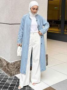 Livesso Women's Stand Collar Long Belted Casual Denim Jacket And Coat - Light Wash - View 4