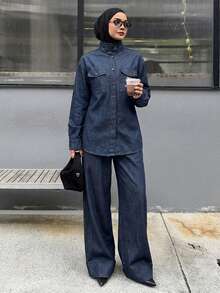 Livesso Women's Loose Denim Shirt With Stand Collar And Wide Leg Jeans Casual Denim Set - Dark Wash - View 5
