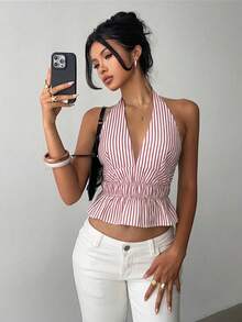 1pc Women's Striped Twist Halter Neck Backless Elegant Fitted Crop Top, Suitable For Going Out, Dates, Parties, Beach Vacation - Red - View 2