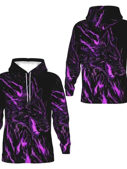 Men'S Glow-In-The-Dark Zombie Animal Hoodie - Neon Purple & Black Gothic Pullover With 3D Illusion, Relaxed Fit Streetwear Sweatshirt For Halloween, Parties, Casual Attire - Edgy Gothic Clothing For Men, Halloween Costume, Party Outfit, Steampunk Style, Durable Fabric, Long Sleeve Top, Alternative Fashion, Highquality Print, Street Style Lovers