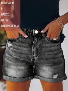 Quần short denim rộng rãi, rách rưới, thời trang đường phố cổ điển dành cho nữ, mùa hè - Màu xám đen - Xem 1