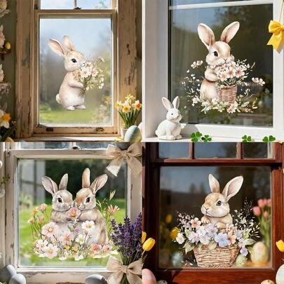 1/4 piezas Lindo conejo sosteniendo flores de primavera Pegatina de ventana, PVC reutilizable con adsorción electrostática, adecuado para puertas y ventanas de jardín, baños, decoración del hogar y artículos con temática de Pascua.