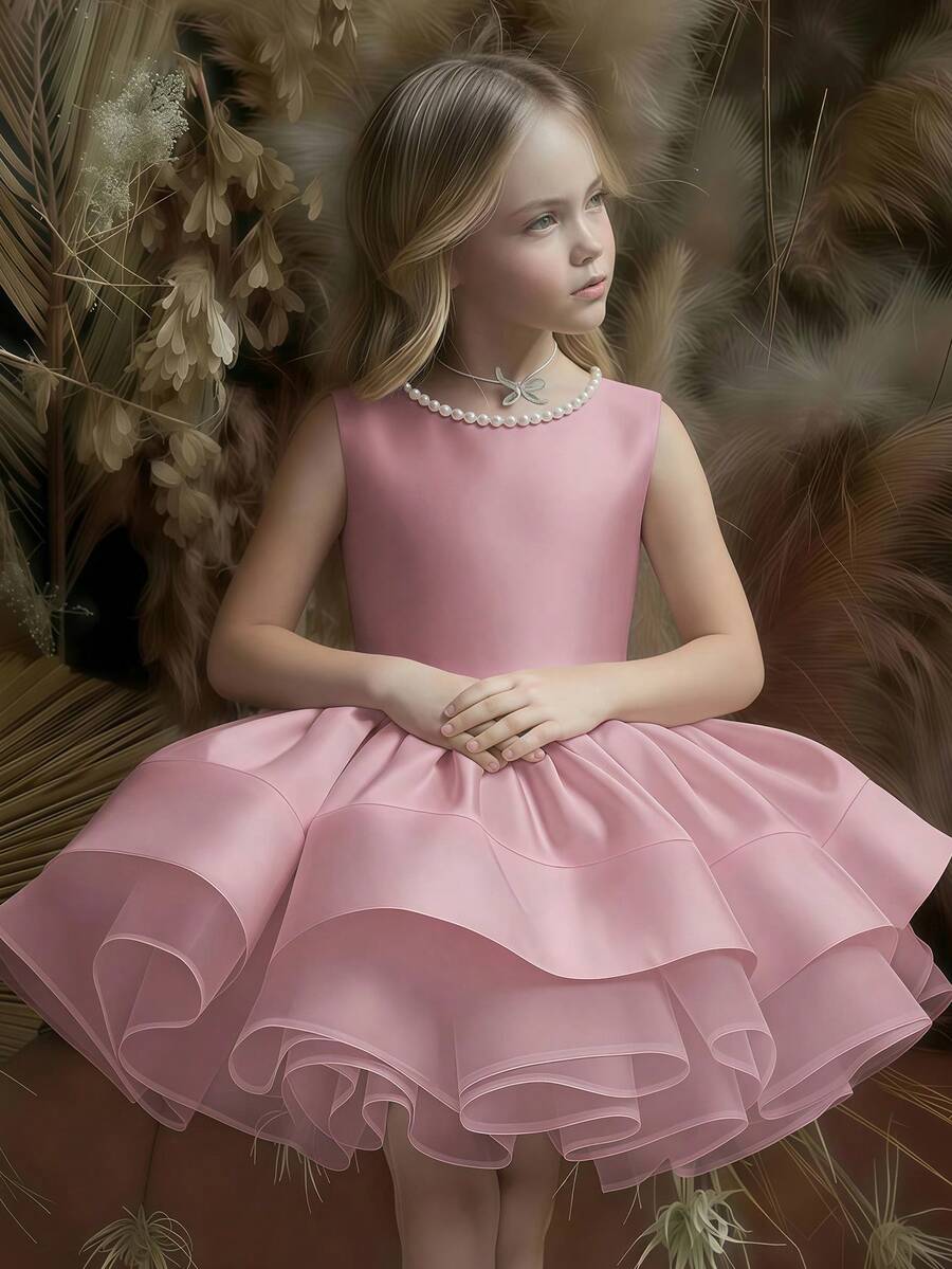 Girls' Elegant Cute Pearl Bow Backless Sleeveless Party Dress, Princess Dress For Birthday Party, Gathering, Prom, Wedding, Flower Girl - Pink - View 1