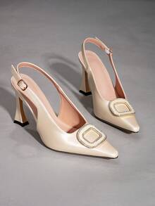 Women's Patent Leather High Heels, Elegant Lady Style With Rhinestone Buckle, Pointed Toe Stilettos - Beige - View 2