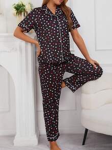 女士轻便休闲爱心印花短袖领睡衣套装 - 彩色 - 查看 4