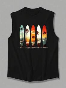 1件男士休闲无袖印花背心，夏季 - 黑色 - 查看 3