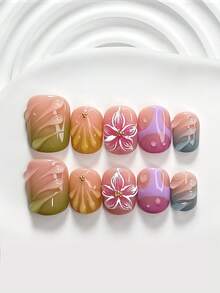 10片装甜美酷炫多巴胺风格美甲套装，亚克力美甲贴纸，手绘五瓣渐变粉色花朵美甲装饰，纯色水波纹、蓝色、紫色、黄色、绿色，手绘紫色岔路图案，明亮活泼的美甲，适合女士和女孩，包含美甲工具（1张果冻贴纸+1个指甲锉），3种尺寸：方形、杏仁形、短矩形，手工按压式美甲贴片 - 彩色 - 查看 12