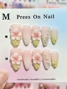 10片浅绿色雕刻杏仁形美甲贴片，手工制作可爱少女美甲贴片，可拆卸按压式美甲贴片，春夏款 - 彩色 - 查看 1