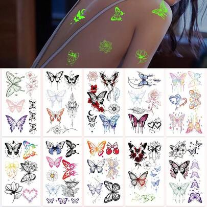 10pcs Glow-In-The-Dark Butterfly Temporary Tattoos, Suitable For Men & Women, Party, Festival, Personalized Body Art Stickers