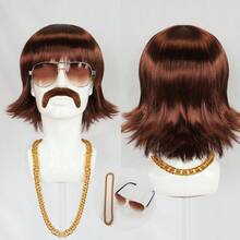 1960年代迪斯科假发+眼镜、胡子、金项链、棕色短卷波波头假发、男士刘海、摇滚嬉皮歌手装扮、非洲合成刘海假发，适合狂欢节、1970-1980年代 - 棕色 - 查看 3