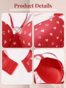 MIMILEMON Plus Size Red Heart Print Underwire Push Up Bra - Wide Straps & Cute Valentine's Style - Red - View 7