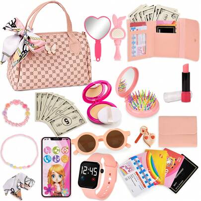 Princess Playset For Girls Stylish Makeup Kit With Handbag Phone Wallet Fake Cosmetics Perfect Gift For Kids Aged 3+