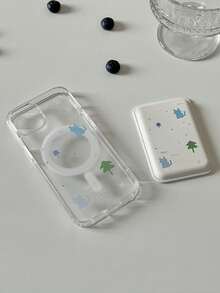 1pc Transparent Magnetic Adsorption Phone Case With Tree & Cat Design + Magnetic PU Leather Card Holder, Shockproof Phone Protective Cover Compatible With IPhone 11/12/13/14/15/16/17/Pro Max - Clear - View 1