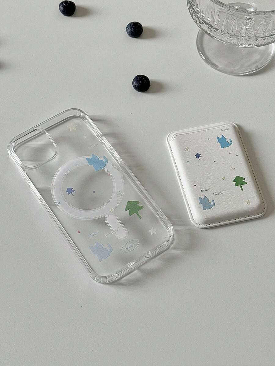 1pc Transparent Magnetic Adsorption Phone Case With Tree & Cat Design + Magnetic PU Leather Card Holder, Shockproof Phone Protective Cover Compatible With IPhone 11/12/13/14/15/16/17/Pro Max - Clear - View 1