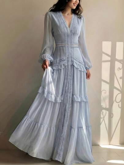 春季纯色荷叶边拼接V领灯笼长袖连衣裙，适合女士参加婚礼、波西米亚风派对、舞会等夏季活动