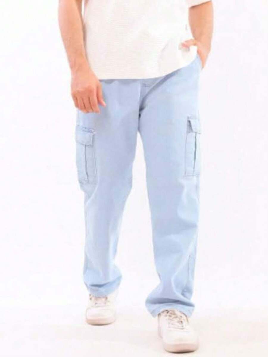 Men's Cargo Jeans With Elastic Waistband. - Baby Blue - View 1