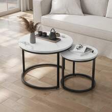 White Nesting Coffee Table 2-Piece Set, 60cm Metal Frame Round Coffee Table, Modern Coffee Table 2-Piece Set, Suitable For Living Rooms, Bedrooms, Balconies, Patios, Offices, Small Spaces - White - View 2
