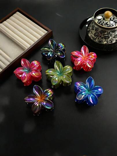 1个/3个/6个 印花休闲ABS塑料发爪 UV涂层 彩色奢华发爪夹，适合马尾辫