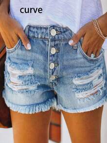 Plus Size Women Casual Ripped Straight Leg Denim Shorts - Light Wash - View 5