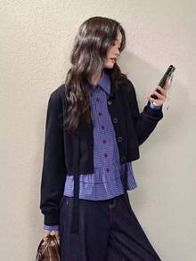 Women's Cotton  Blue Plaid Shirt, Ruffle Long Sleeve Shirt Top, Short Fall 2026 Spring - Blue - View 3