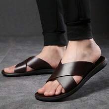 Men's Casual Slide Sandals Faux Leather Cross Strap Open Toe Non Slip Flat Sole Comfort Footwear For Summer Beach Daily Outdoor Wear - 棕色 - 查看 8