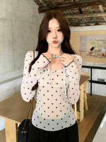 Áo thun dài tay cổ buộc nơ chấm bi dành cho nữ - trắng - Xem 9