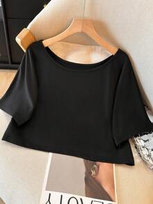 AuroraSilk Women's Off-Shoulder Cropped Top, Polyester Blend Off-Shoulder Cropped Tee Shirt - Casual Style, Machine Washable, Solid Color, Suitable For All Seasons - Black - View 6