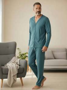 Men's Open Button Pajamas With Long Sleeves And Long Pants For Winter Post-Surgical Use In Knit Fabric - Green - View 3
