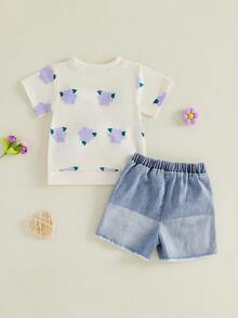 2Pcs Toddler Baby Girl Floral Outfit Infant Summer Clothes Sets 3D Flower Short Sleeve T Shirts And Denim Shorts Set - Purple - View 3