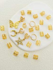 25pcs Bohemian Style Hollow Out Hair Accessories - Star, Moon, Butterfly Alloy Hair Rings - Gold - View 2