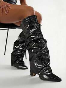 Women Shark Boots Knee High Fold Over Ruched Slouchy Chunky High Heel Pointed Toe Sexy Party Club Office Lady Winter Shoes - 黑色鱷魚紋 - 查看 5
