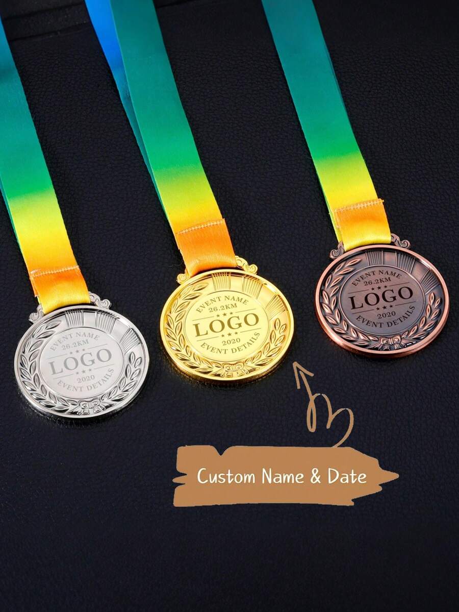 1pc Customizable Engraved Sports Medal, Can Use Custom Template Or Logo Design. Personalize Your Medal With Logo, Name, Date And Event Details. Suitable For Personalized Sports, Competition And Family Event Medals. - Multicolor - View 1