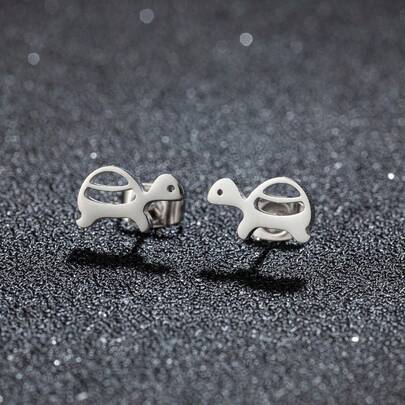 一对迷你不锈钢海龟耳环，女士可爱动物饰品，简约龟形耳钉，可爱/简约风格配饰，适合日常佩戴