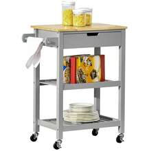 Kitchen Trolley With Rubberwood Worktop - Utility Cart On Wheels, Towel Rack, Shelves & Drawer, Grey - Default - View 4