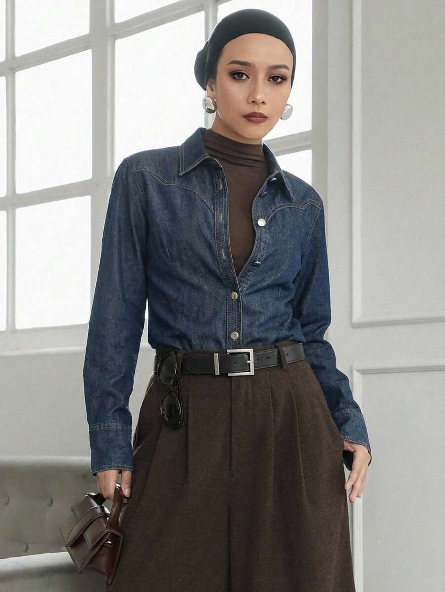 Livesso Women's Collared Cinched Waist Fitted Casual Denim Jacket - Dark Wash - View 1