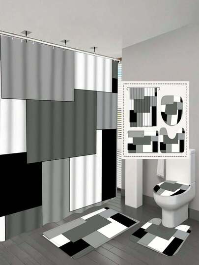 四件套几何灰色浴室套装，包含浴帘和地毯配件，黑色现代浴帘，灰色浴室装饰