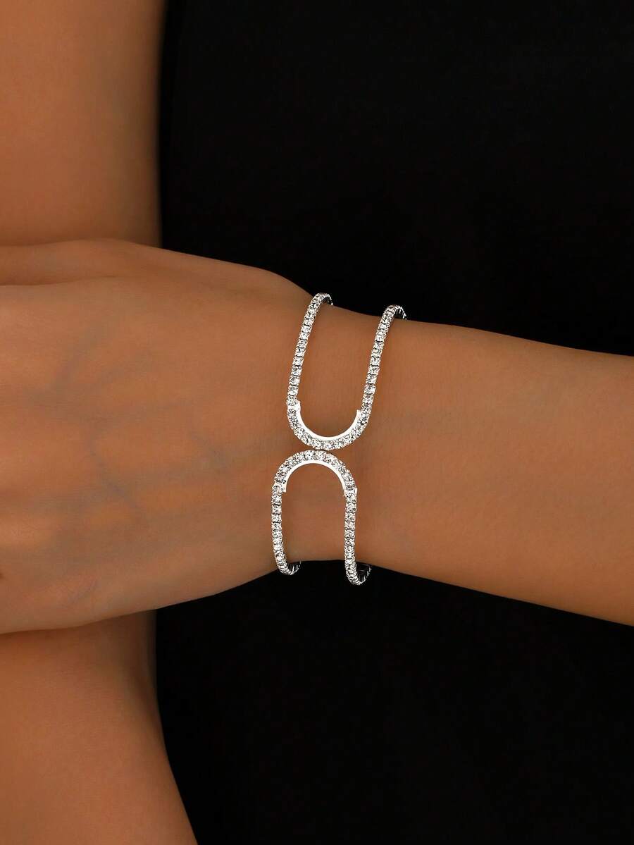 1 pièce Bracelet élégant de mode pour femme avec design géométrique et strass, convient pour le port quotidien et les fêtes - Argent - Voir 1