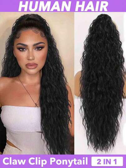 2-In-1 Design Drawstring Ponytail Human Hair Clip In Hair Extension Deep Curly Ponytails For Women Water Wavy Ponytail Extensions Black Claw Clip Ponytail Extensions For Women,Claw Clip Pony,Drawstring Pony Natural Black 8-20 22 24 26 28 Inch