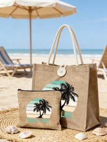 半件装亚麻手提包兼化妆包，日出图案，度假条纹椰树印花，四季皆宜，旅行包，充电器收纳包，休闲多功能手提包，大容量单肩包，女孩旅行必备包，男女通用拉链包，化妆品、化妆和旅行必备轻便接待包 - 彩色 - 查看 12