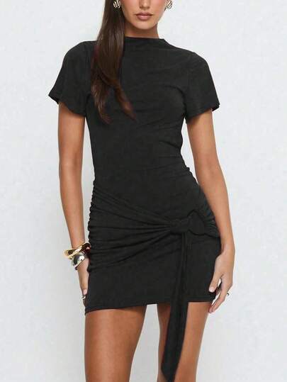 Vestido mini con cuello redondo y espalda descubierta, sexy y de moda, nueva llegada de primavera/verano